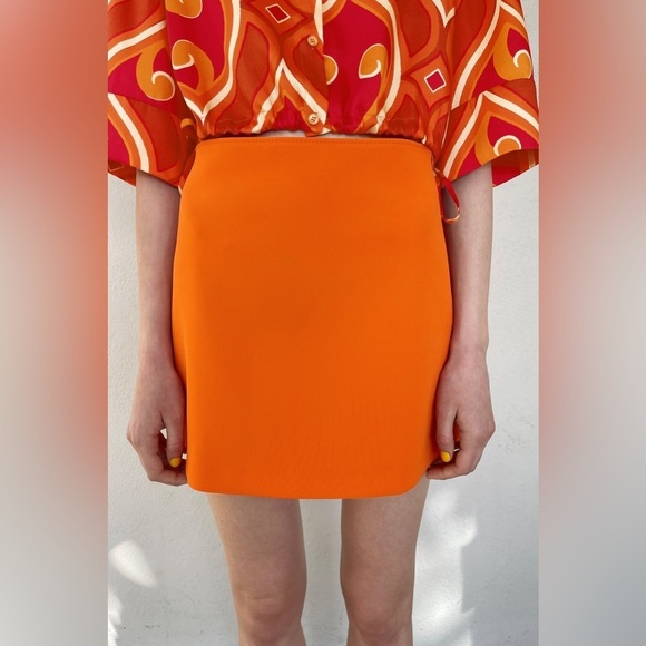 Zara Mini Skirt Women's Size Medium Bright Orange High-Waisted Flare - Picture 9 of 13